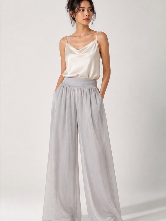 Tempo Paris Pants - Tempo Paris Light Gray Wide-Leg Palazzo Pants